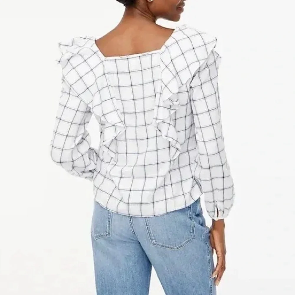 J. Crew‎ top Womens Top Size XL Plaid Flannel Ruffle Square Neck Puff Sleeve